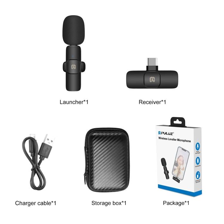 PULUZ Wireless Lavalier Noise Reduction Reverb Microphone for Type-C / USB-C Device, Support Phone Charging(Black)