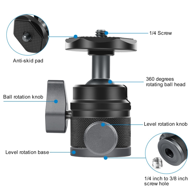 PULUZ 360 Panorama Aluminum Alloy Tripod Ball Head Adapter with Knob Lock(Black)