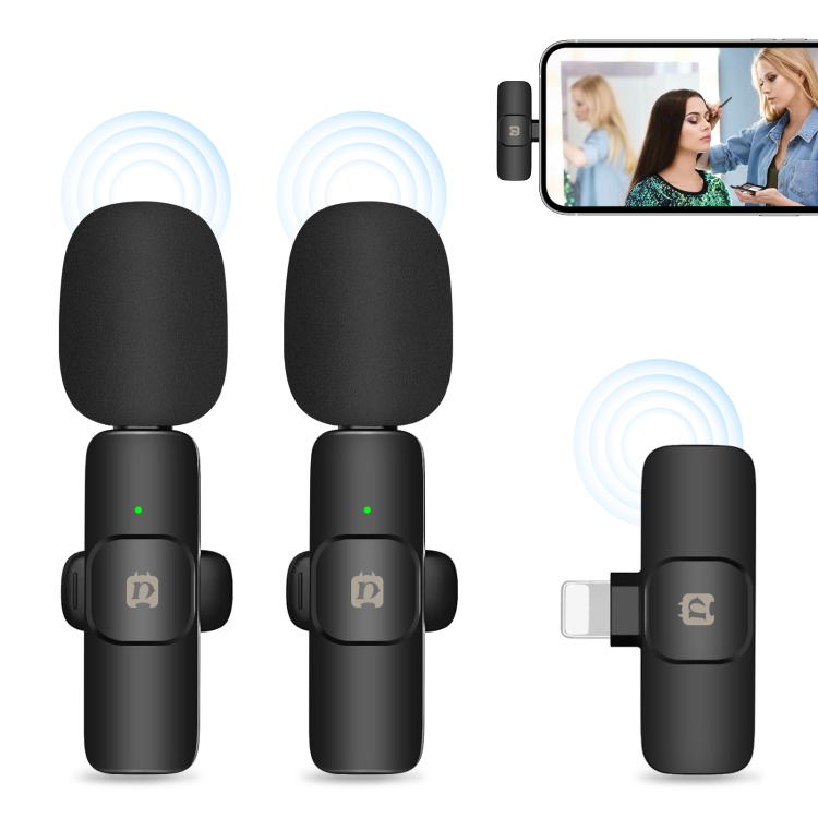 PULUZ Wireless Lavalier Noise Reduction Reverb Microphones for iPhone / iPad, 8-Pin Receiver and Dual Microphones(Black)