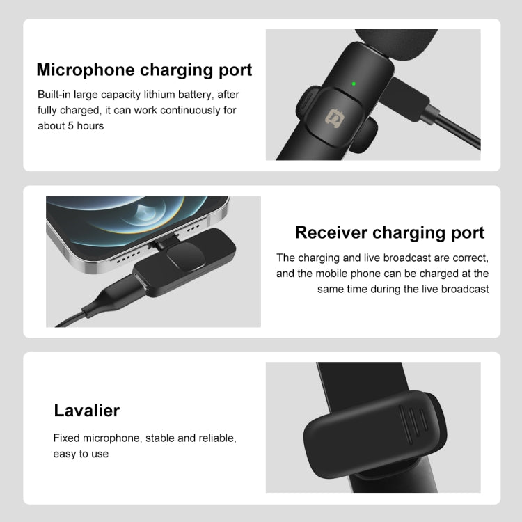 PULUZ Wireless Lavalier Noise Reduction Reverb Microphones for iPhone / iPad, 8-Pin Receiver and Dual Microphones(Black)