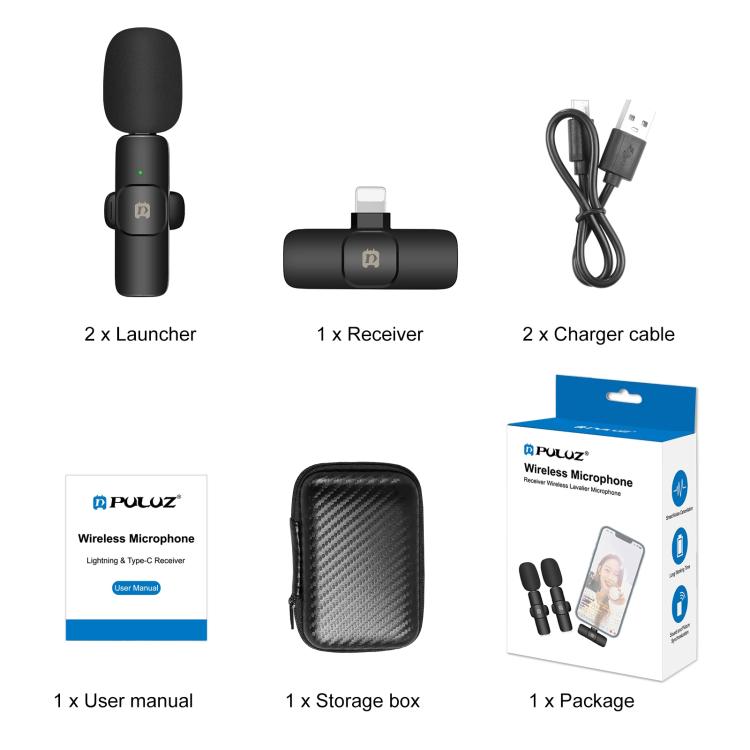 PULUZ Wireless Lavalier Noise Reduction Reverb Microphones for iPhone / iPad, 8-Pin Receiver and Dual Microphones(Black)