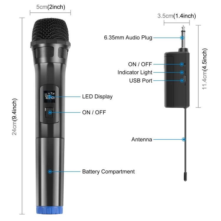PULUZ UHF Wireless Dynamic Microphone with LED Display, 6.35mm Transmitter(Black)