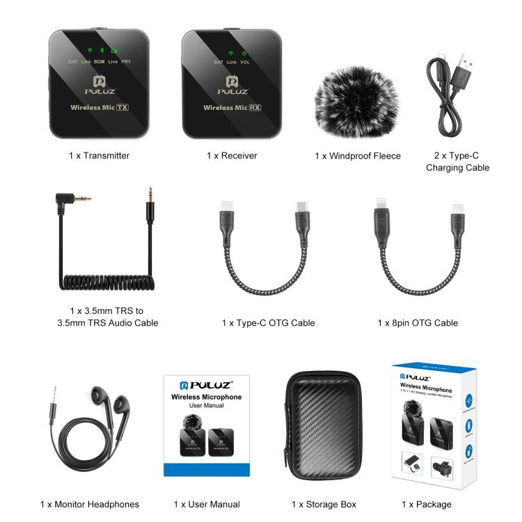 PULUZ 1 TX + 1 RX Wireless Lavalier Microphone, 1 TX + 1 RX