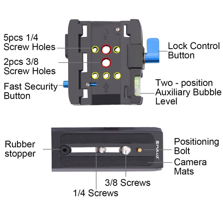 PULUZ Quick Release Clamp Adapter + Quick Release Plate for  DSLR & SLR Cameras, QR Plate Black