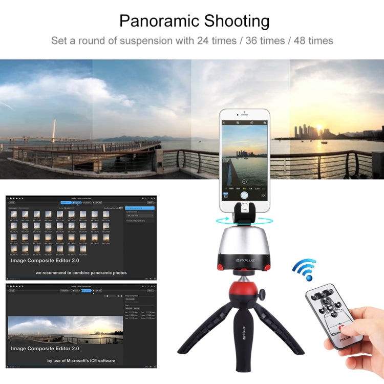 PULUZ Electronic 360 Degree Rotation Panoramic Head + Tripod Mount + GoPro Clamp + Phone Clamp with Remote Controller for Smartphones, GoPro, DSLR Cameras(Red)