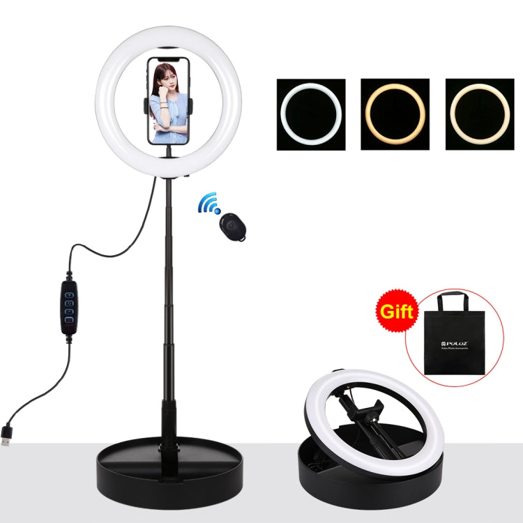 PULUZ 10.2 inch 26cm USB 3 Modes Dimmable Dual Color Temperature LED Curved  Ring Vlogging Selfie Photography Video Lights with Bluetooth Remote Shutter & Folding Desktop Holder & Phone Clamp(Black)