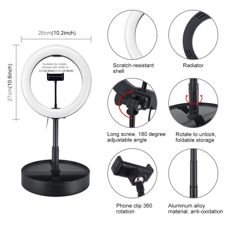 PULUZ 10.2 inch 26cm USB 3 Modes Dimmable Dual Color Temperature LED Curved  Ring Vlogging Selfie Photography Video Lights with Bluetooth Remote Shutter & Folding Desktop Holder & Phone Clamp(Black)