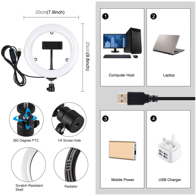 PULUZ 7.9 inch 20cm USB 3 Modes Dimmable Dual Color Temperature LED Curved Light Ring Vlogging Selfie Photography Video Lights with Mirror, 7.9 inch with mirror