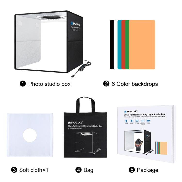 PULUZ 30cm Folding Ring Light Photo Lighting Studio Shooting Tent Box Kit with 6 Colors Black / White / Orange / Red / Green / Blue Backdrops, 30cm Box Black