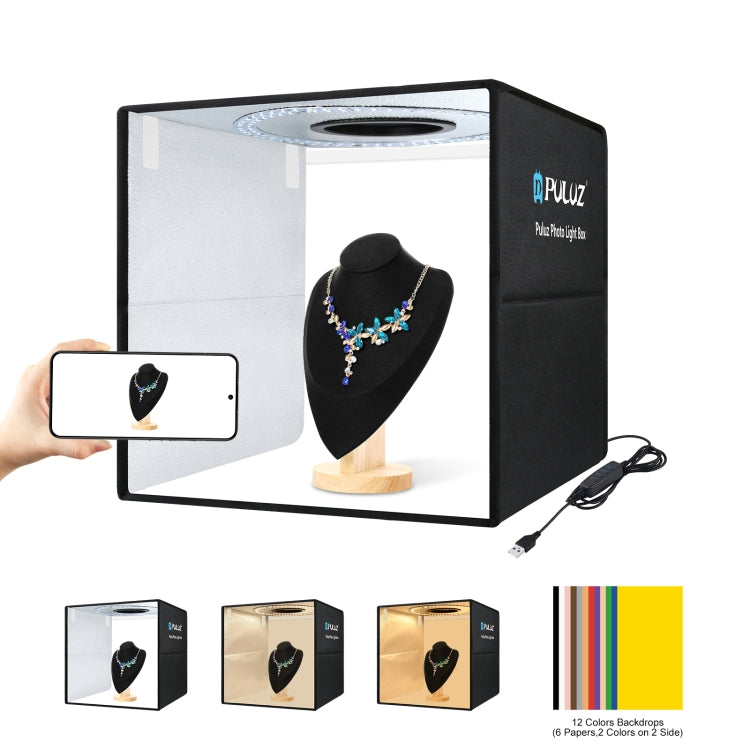 PULUZ 40cm Folding Portable Ring Light USB Photo Lighting Studio Shooting Tent Box with 6 x Dual-side Color Backdrops, Size: 40cm x 40cm x 40cm(Black)