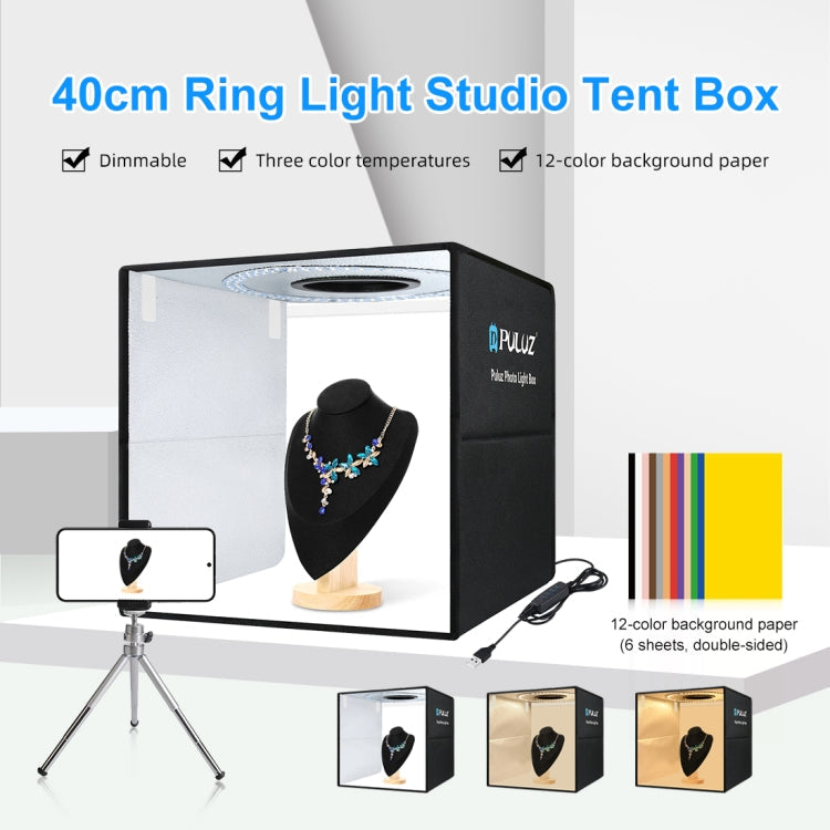 PULUZ 40cm Folding Portable Ring Light USB Photo Lighting Studio Shooting Tent Box with 6 x Dual-side Color Backdrops, Size: 40cm x 40cm x 40cm(Black)