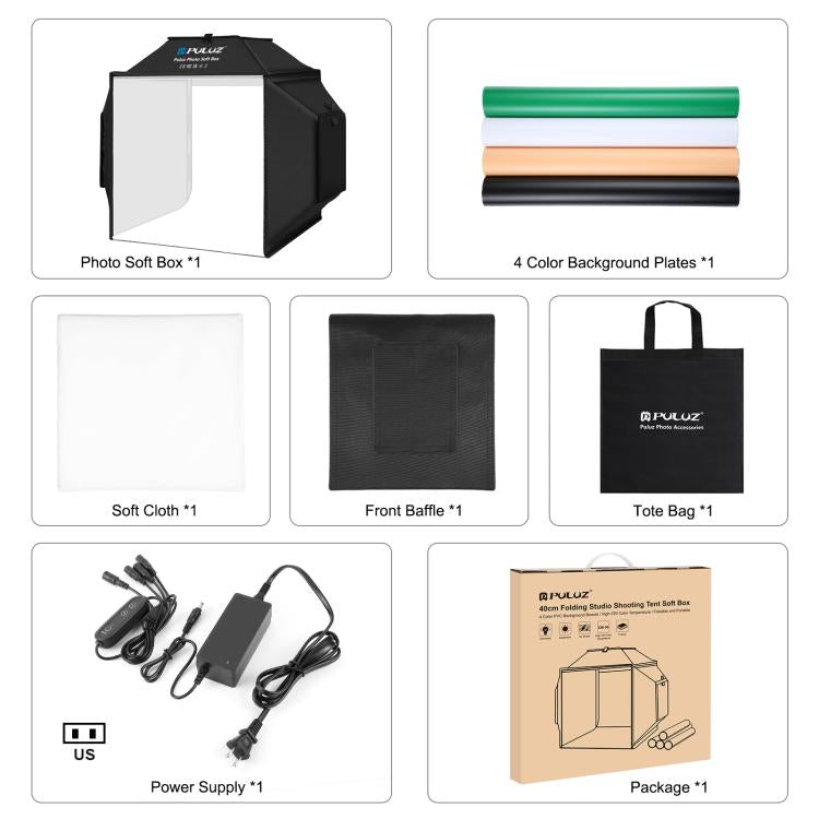 PULUZ 40cm Folding 72W 5500K Studio Shooting Tent Soft Box Photography Lighting Kit with 4 Colors (Black, Orange, White, Green) Backdrops, 40cm Folding 72W(US Plug), 40cm Folding 72W(AU Plug), 40cm Folding 72W(EU Plug), 40cm Folding 72W(UK Plug)