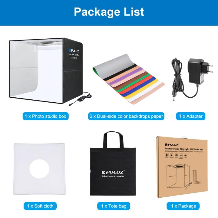 PULUZ 50cm Folding Portable Ring Light PD30W Quick Charge USB Photo Lighting Studio Shooting Tent Box with 6 x Dual-Side Backdrops, Size: 50cm x 50cm x 50cm