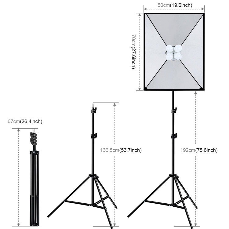 PULUZ 50x70cm Studio Softbox + 2m Tripod Mount + 4 x 220V E27 20W 5700K White Light LED Light Bulb Photography Lighting Kit, 4 x Bulb EU Plug, 4 x Bulb US Plug