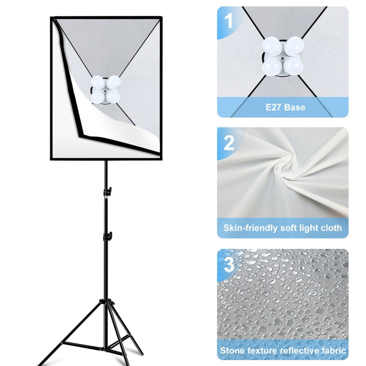 PULUZ 50x70cm Studio Softbox + 2m Tripod Mount + 4 x 220V E27 20W 5700K White Light LED Light Bulb Photography Lighting Kit, 4 x Bulb EU Plug, 4 x Bulb US Plug