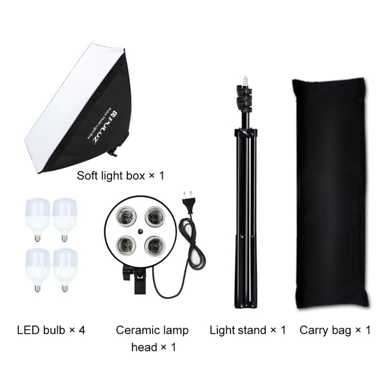 PULUZ 50x70cm Studio Softbox + 2m Tripod Mount + 4 x 220V E27 20W 5700K White Light LED Light Bulb Photography Lighting Kit, 4 x Bulb EU Plug, 4 x Bulb US Plug