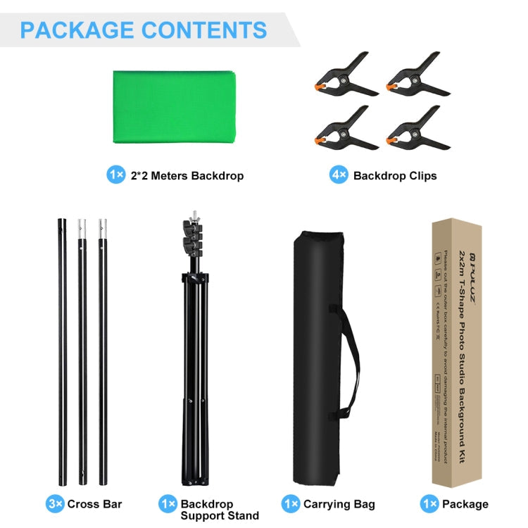 PULUZ 2x2m T-Shape Photo Studio Background Support Stand Backdrop Crossbar Bracket Kit with Clips(Green)