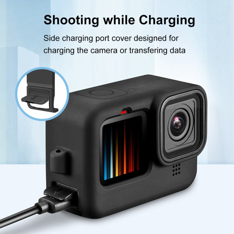 PULUZ for GoPro HERO12 Black /11 Black /10 Black /9 Black Silicone Protective Case + POM Side Interface Cover with Wrist Strap & Lens Cover(Black)