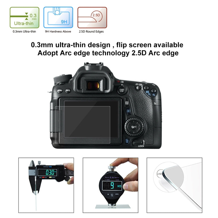 PULUZ 2.5D 9H Tempered Glass Film for Canon 650D, Compatible with 90D / 80D / 70D / 77D(9000D) / 800D(X9I) / 700D(X7I) / 750D(X8I) / 760D(8000D) / XC10 / XC15 / 7D2, Pentax Q1 / K-S1 /Q10 / Q7, Panasonic ZS35, Nikon V1, For Canon 650D