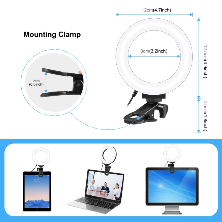 PULUZ 4.7 inch 12cm Ring Selfie Light 3 Modes USB Dimmable Dual Color Temperature LED Curved Vlogging Photography Video Lights with Monitor Clip Holder (Black)