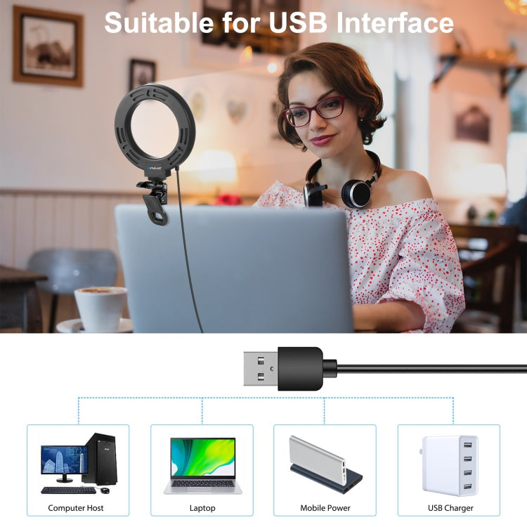 PULUZ 4.7 inch 12cm Ring Selfie Light 3 Modes USB Dimmable Dual Color Temperature LED Curved Vlogging Photography Video Lights with Monitor Clip Holder (Black)
