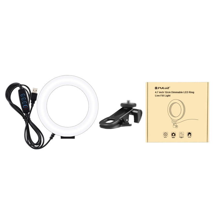 PULUZ 4.7 inch 12cm Ring Selfie Light 3 Modes USB Dimmable Dual Color Temperature LED Curved Vlogging Photography Video Lights with Monitor Clip Holder (Black)