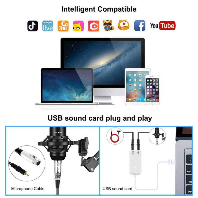 PULUZ Studio Broadcast Professional Singing Microphone Kits with Suspension Scissor Arm & Metal Shock Mount & USB Sound Card, Microphone Kits (Black), Microphone Kits (Silver)