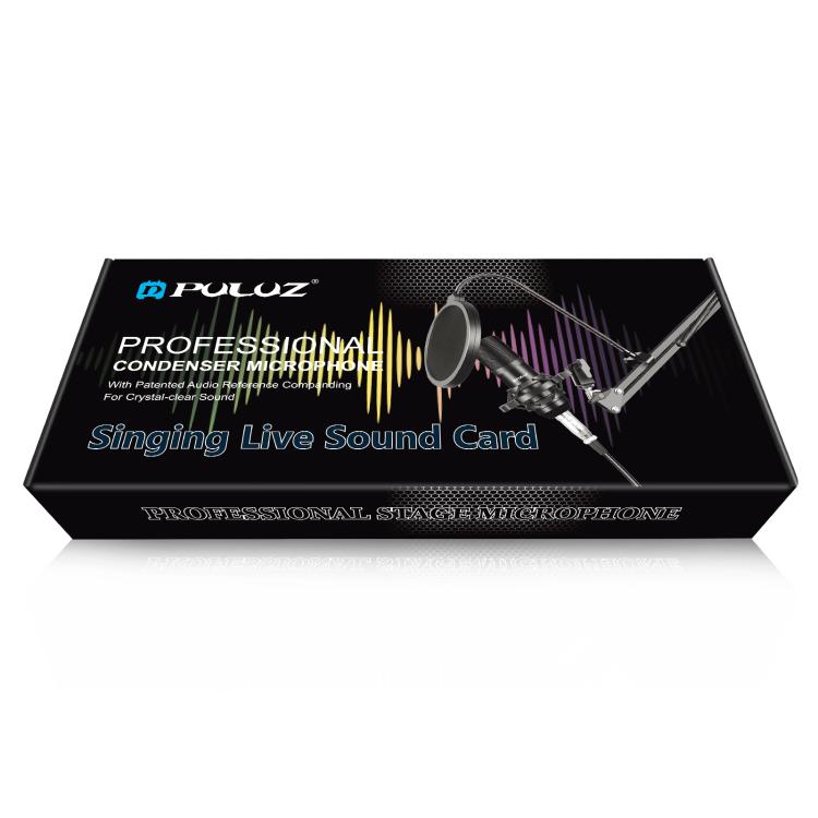 PULUZ Studio Broadcast Professional Singing Microphone Kits with Suspension Scissor Arm & Metal Shock Mount & USB Sound Card, Microphone Kits (Black), Microphone Kits (Silver)