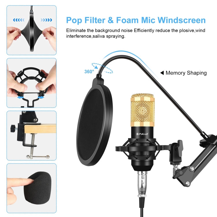 PULUZ Condenser Microphone Studio Kit with Scissor Arm, Shock Mount, and USB Sound Card (Gold)