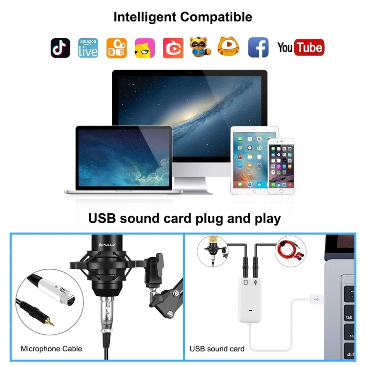 PULUZ Condenser Microphone Studio Kit with Scissor Arm, Shock Mount, and USB Sound Card (Gold)