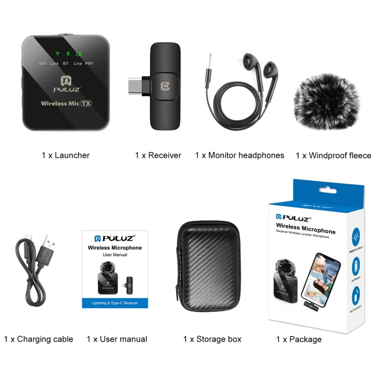 PULUZ Wireless Lavalier Microphone for Type-C Phone, Type-C Receiver(Black)