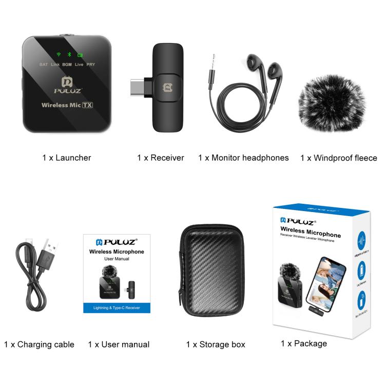 PULUZ Wireless Lavalier Microphone for Type-C Phone, Type-C Receiver, Type-C 1 TX + 1 RX