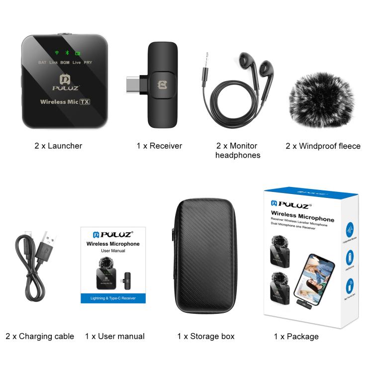 PULUZ Wireless Lavalier Microphone for Type-C Phone, Type-C Receiver and Dual Microphones, Type-C 2 TX + 1 RX