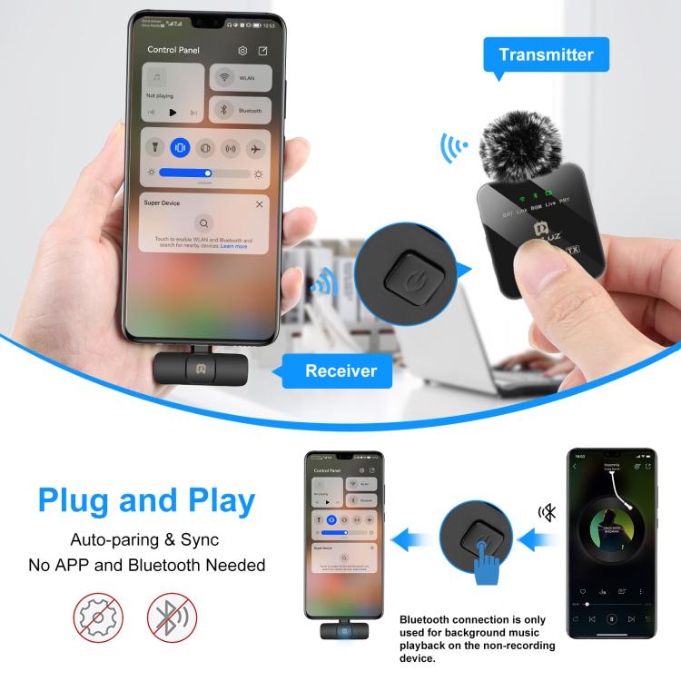 PULUZ Wireless Lavalier Microphone for Type-C Phone, Type-C Receiver and Dual Microphones, Type-C 2 TX + 1 RX