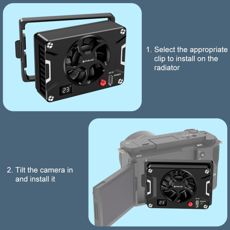 PULUZ Camera Cooling Fan Semiconductor Radiator with LCD Display for Sony / Canon / FUJIFILM / Nikon Cameras (Black)