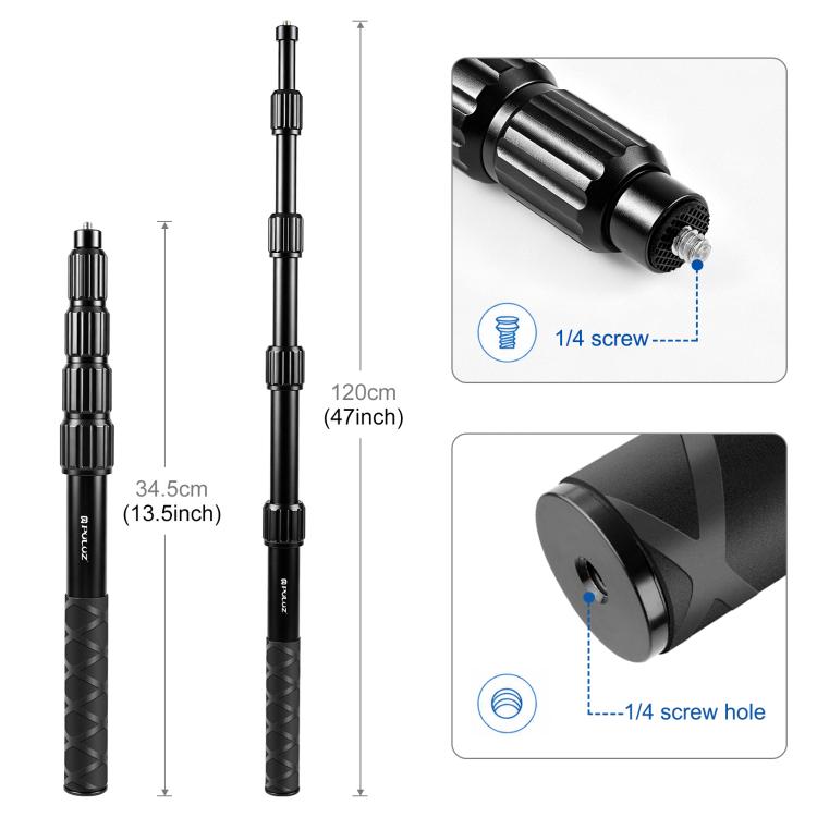 PULUZ 1.2m Aluminum Alloy Invisible Selfie Stick Anti-Shake Vlog Locking Telescopic Extension Monopod, 1.2m  Invisible Selfie Stick