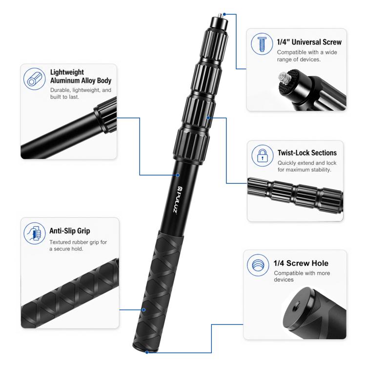 PULUZ 1.2m Aluminum Alloy Invisible Selfie Stick Anti-Shake Vlog Locking Telescopic Extension Monopod, 1.2m  Invisible Selfie Stick