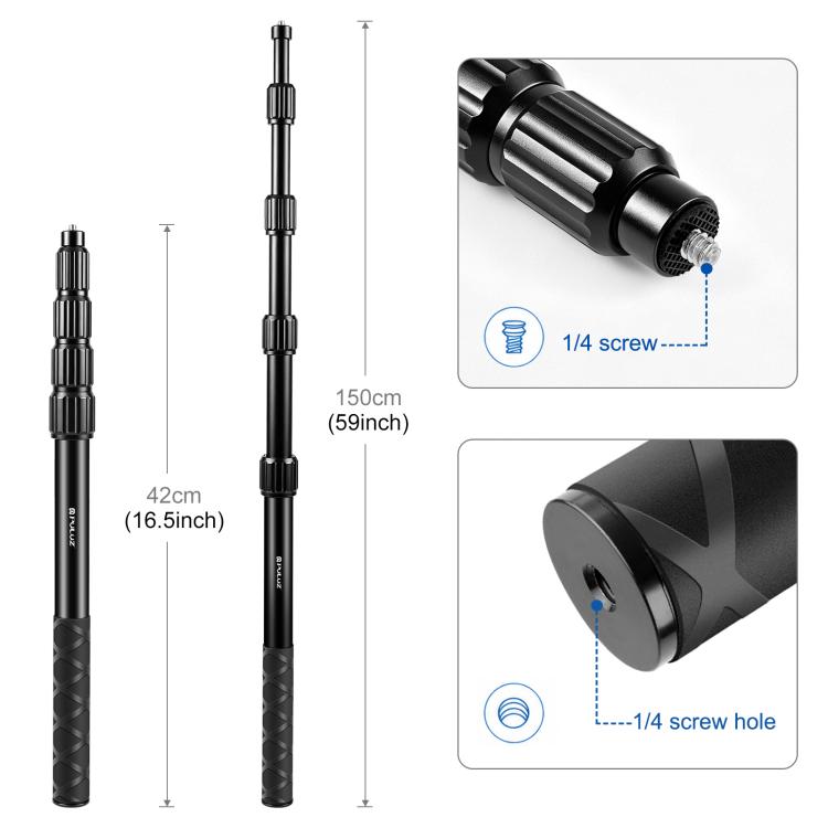 PULUZ 1.5m Aluminum Alloy Invisible Selfie Stick Anti-Shake Vlog Locking Telescopic Extension Monopod