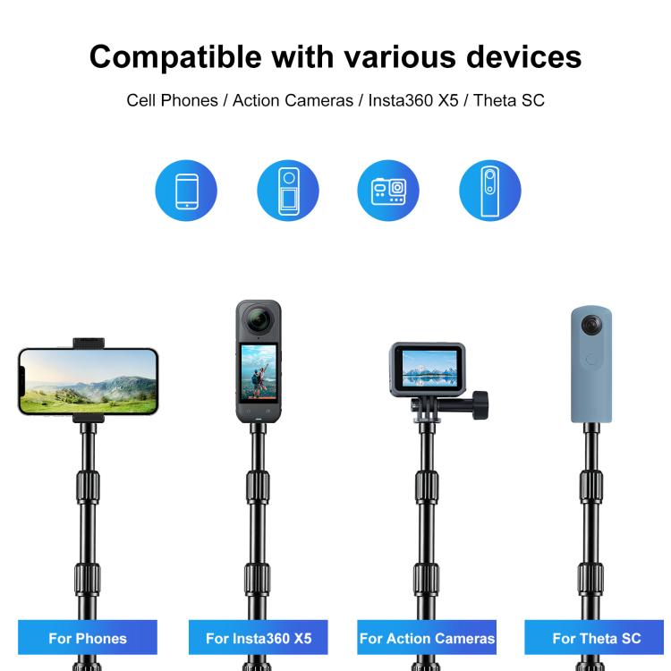 PULUZ 1.5m Aluminum Alloy Invisible Selfie Stick Anti-Shake Vlog Locking Telescopic Extension Monopod