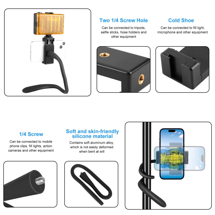 PULUZ Silicone Flexible Clip Mount Holder with Phone Clamp for Phones / GoPro (Black)