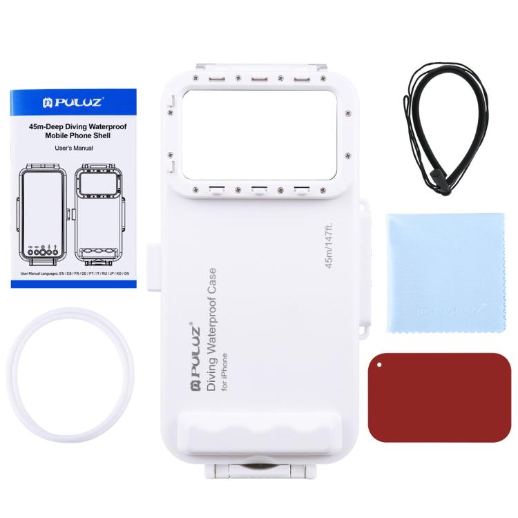 PULUZ 45m/147ft Waterproof Diving Case Photo Video Taking Underwater Housing Cover for iPhone 14 Series, iPhone 13 Series, iPhone 12 Series, iPhone 11 Series, iPhone X Series, iPhone 8 & 7, iPhone 6s, iOS 13.0 or Above Version iPhone                   ...