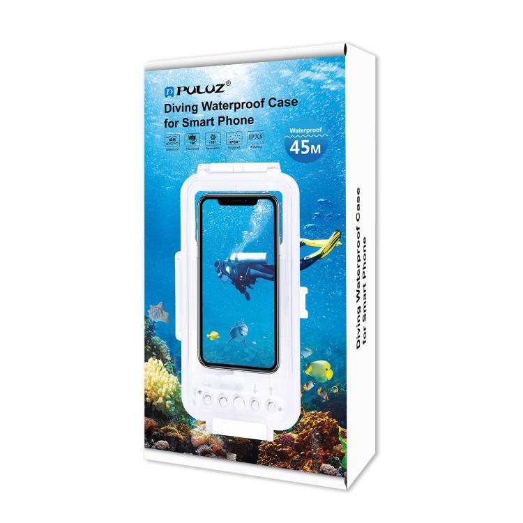 PULUZ 45m/147ft Waterproof Diving Case Photo Video Taking Underwater Housing Cover for iPhone 14 Series, iPhone 13 Series, iPhone 12 Series, iPhone 11 Series, iPhone X Series, iPhone 8 & 7, iPhone 6s, iOS 13.0 or Above Version iPhone                   ...