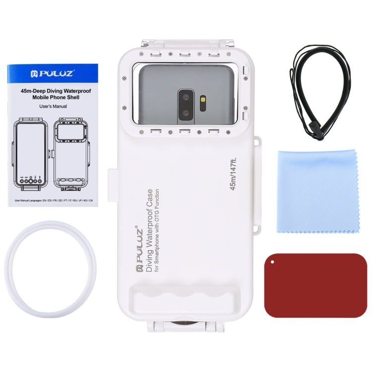 PULUZ 45m/147ft Waterproof Diving Case Photo Video Taking Underwater Housing Cover for iPhone 15 Series, Galaxy, Huawei, Xiaomi, Google Android OTG Smartphones with Type-C Port(White)
