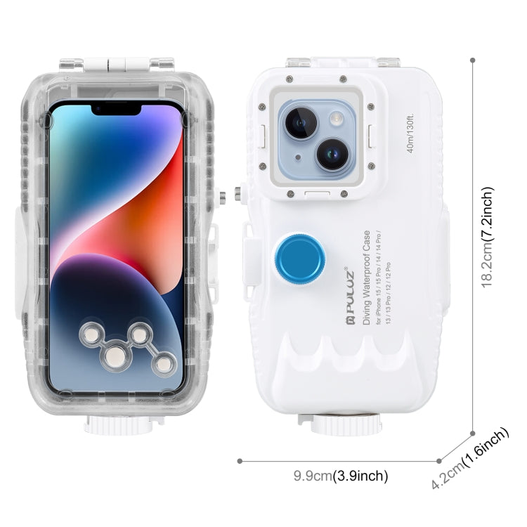 PULUZ 40m/130ft Waterproof Diving Case for iPhone 15 / 15 Pro / 14 / 14 Pro / 13 / 13 Pro / 12 / 12 Pro, with One-way Valve Photo Video Taking Underwater Housing Cover(White)