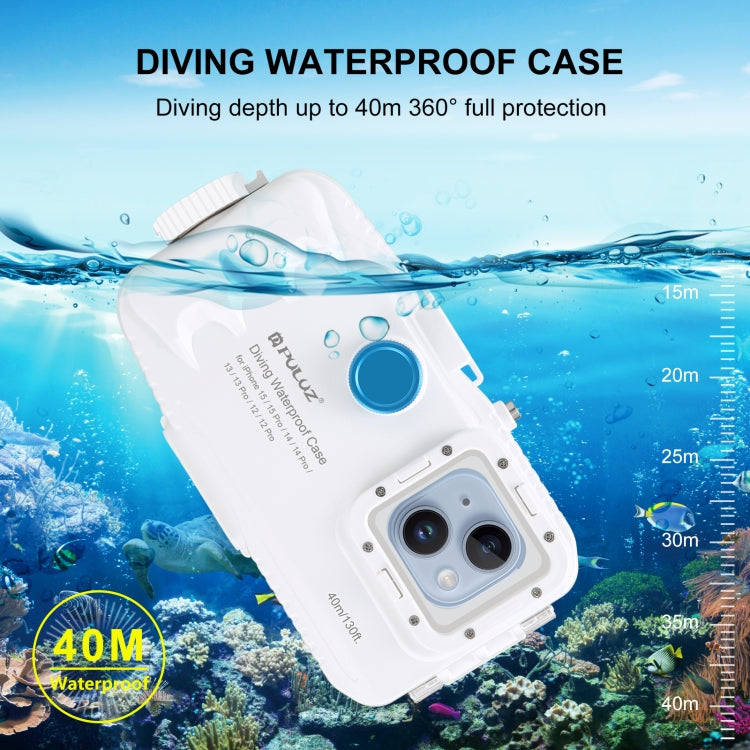 PULUZ 40m/130ft Waterproof Diving Case for iPhone 15 / 15 Pro / 14 / 14 Pro / 13 / 13 Pro / 12 / 12 Pro, with One-way Valve Photo Video Taking Underwater Housing Cover(White)
