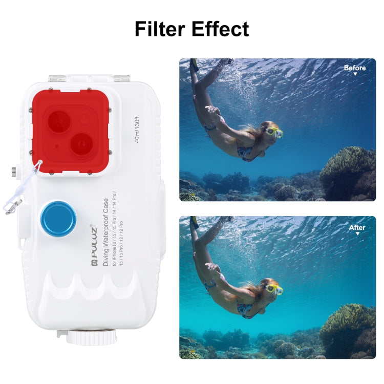 PULUZ 40m/130ft Waterproof Diving Case for iPhone 16 / 15 / 15 Pro / 14 / 14 Pro / 13 / 13 Pro / 12 / 12 Pro, with One-way Valve Photo Video Taking Underwater Housing Cover, For iPhone 16 / 15 / 15 Pro, For iPhone 14 / 14 Pro