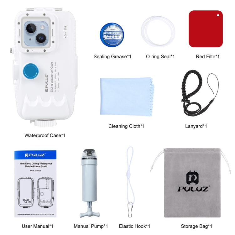 PULUZ 40m/130ft Waterproof Diving Case for iPhone 15 / 15 Pro / 14 / 14 Pro / 13 / 13 Pro / 12 / 12 Pro, with One-way Valve Photo Video Taking Underwater Housing Cover(White)