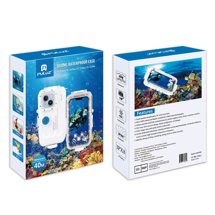 PULUZ 40m/130ft Waterproof Diving Case for iPhone 15 / 15 Pro / 14 / 14 Pro / 13 / 13 Pro / 12 / 12 Pro, with One-way Valve Photo Video Taking Underwater Housing Cover(White)