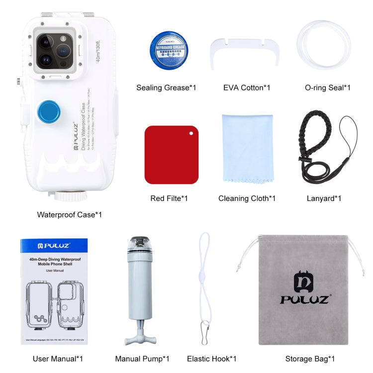 PULUZ 40m Waterproof Diving Case for iPhone 15 Pro Max/14 Plus/13 Pro Max/12 Pro Max/11 Pro Max (White)