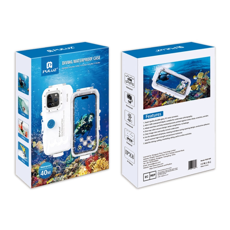 PULUZ 40m Waterproof Diving Case for iPhone 15 Pro Max/14 Plus/13 Pro Max/12 Pro Max/11 Pro Max (White)